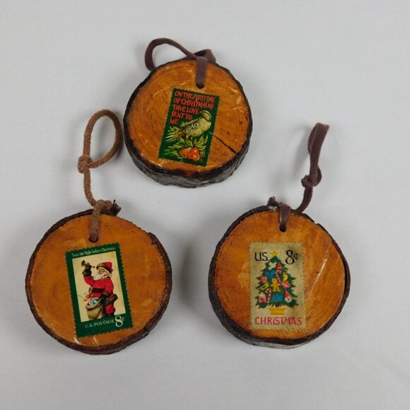 Handmade Other - 3 Handmade 2.5" Wood Round Christmas Ornaments w/Postage Stamps Hanging Unique